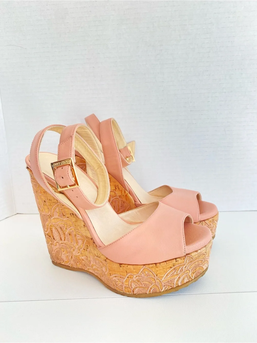 Jimmy Choo Patara Leather Embroidered Cork Wedge Sandals In Vintage Rose